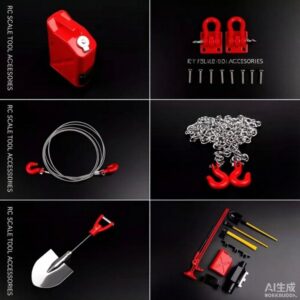 RC Scale Tool Accessories Fuel Tank Shovel Tow Rope Chain Recovery Hook Set